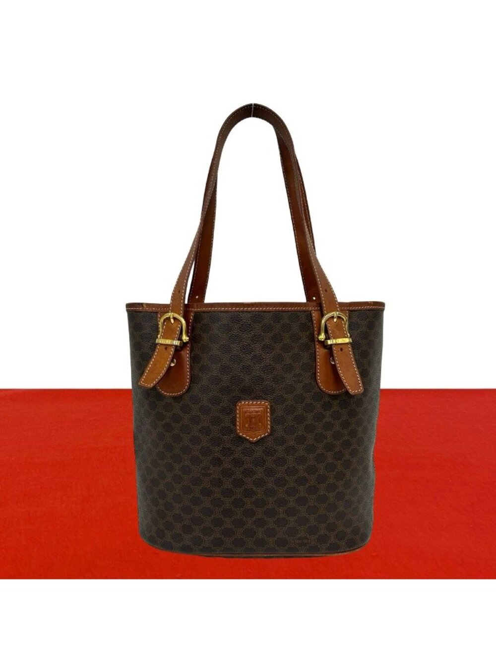Celine Vintage Macadam Blason Pattern Triomphe Leather Tote Shoulder Bag Brown